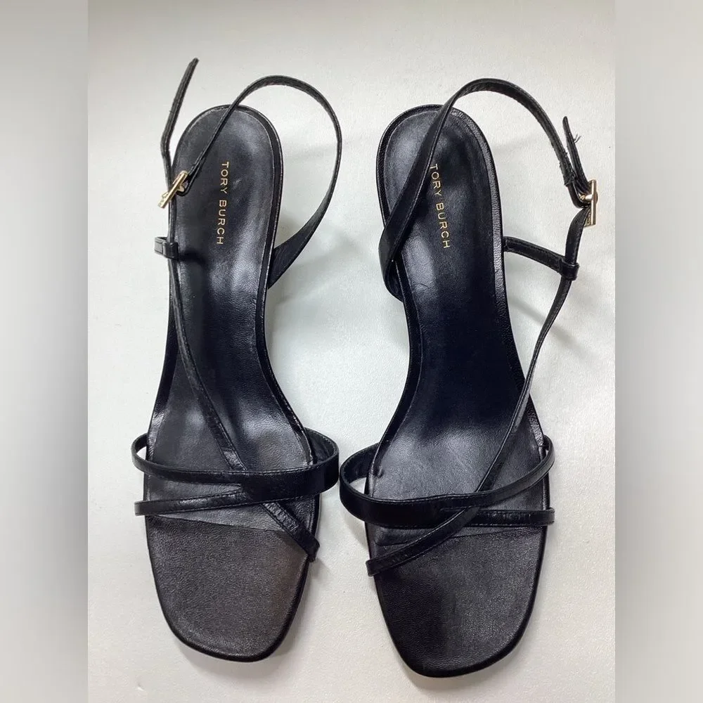 Tory Burch Black Leather Strappy Slingback Heels Size 10.5